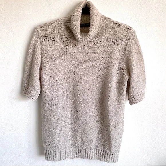 PIAZZA SEMPIONE METALLIC KNIT MOHAIR TURTLENECK SWEATER WHIMSICAL Beige Pink 42 - Picture 1 of 8